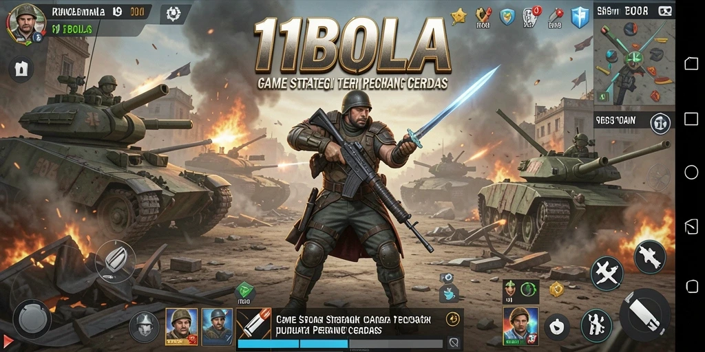 Tampilan layar permainan 11BOLA dengan aksi strategi real-time.
