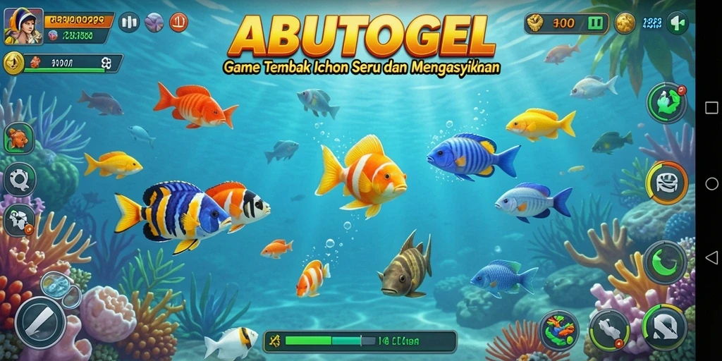 Tampilan gameplay ABUTOGEL yang menarik dengan aksi menembak ikan.