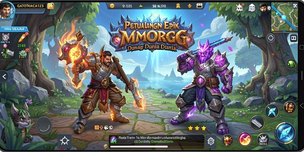 Screenshot GATOTKACA123 menampilkan aksi pertempuran seru dalam dunia MMORPG.