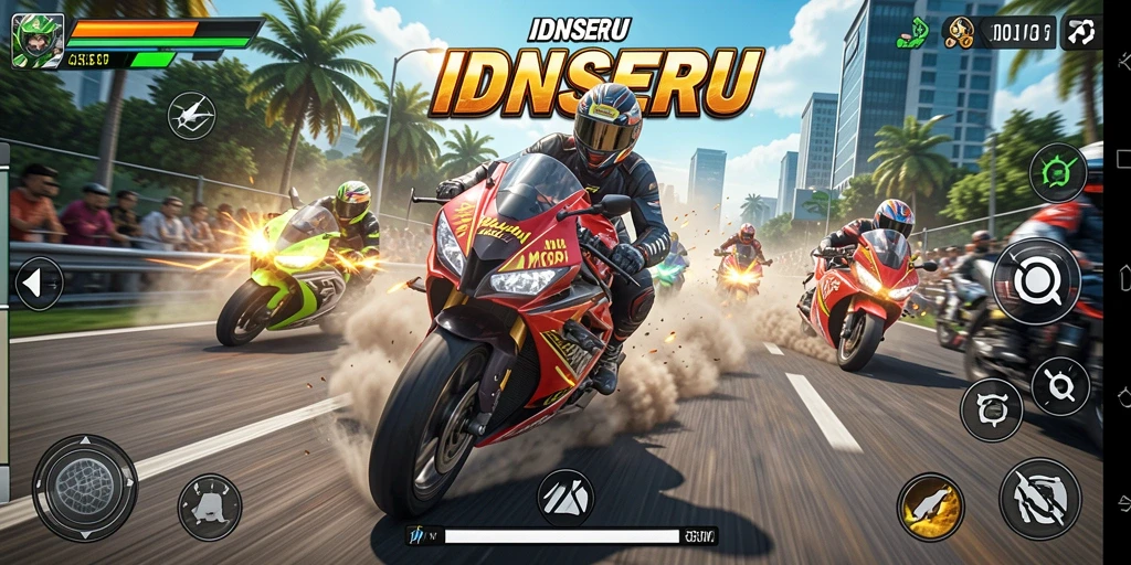 Screenshot IDNSERU menampilkan aksi balapan motor yang mendebarkan di lintasan.