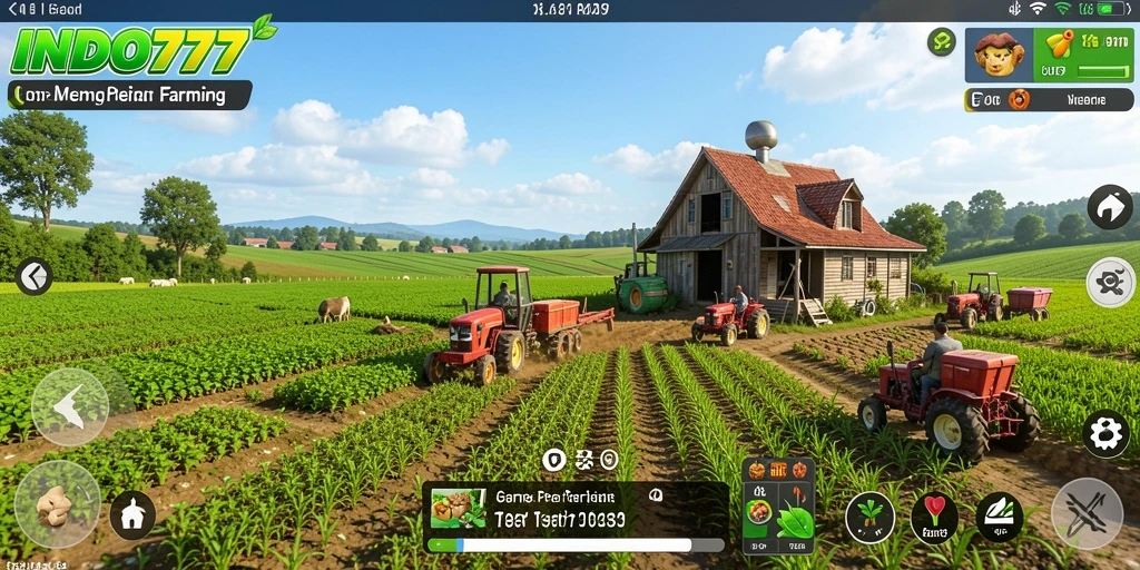 Tangkapan layar gameplay INDO777 menunjukkan ladang penuh tanaman hijau.