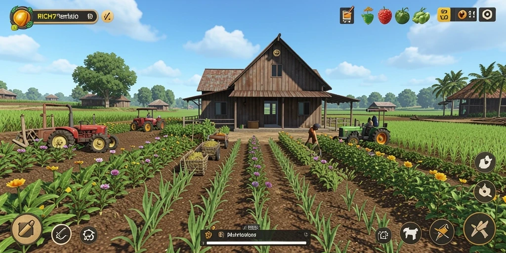 Tampilan gameplay <strong>RICH7</strong> yang mendalam dan interaktif dalam pertanian.